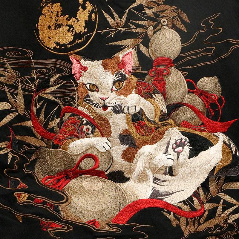 絡繰魂 粋 からくりだましい いき 猫又 柄 刺繍 和柄 半袖Tシャツ