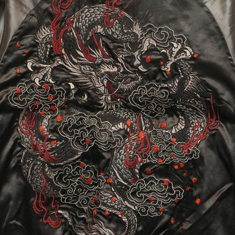 朧 OBORO スカジャン 登り龍 刺繍 和柄 ライトブルー／シルバー Lサイズ 朧 スカジャン おぼろ 龍 柄 刺繍 和柄 9023824 メンズ