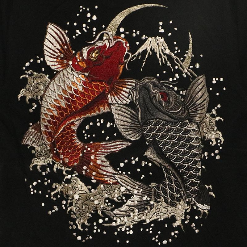 朧 おぼろ 跳ね双鯉 刺繍 和柄 半袖Tシャツ 9062212 和柄 和 半袖 T