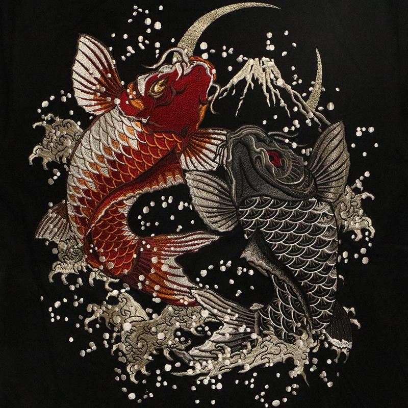 朧 おぼろ 跳ね双鯉 刺繍 和柄 半袖Tシャツ 9062212 和柄 和 半袖 T