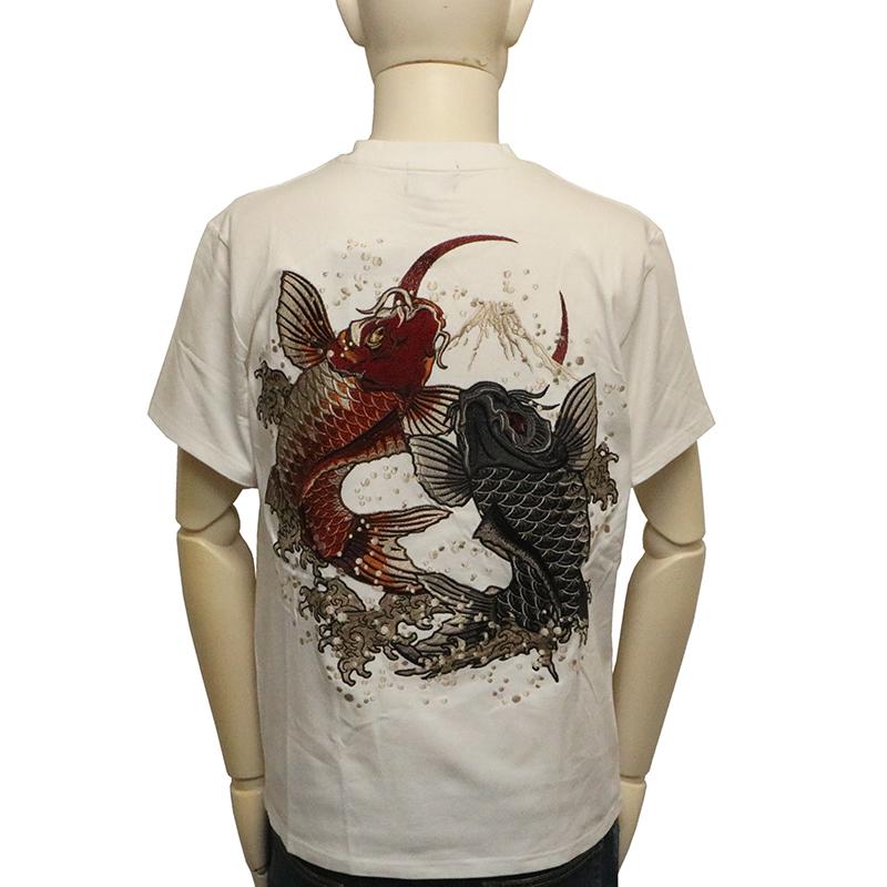 朧 おぼろ 跳ね双鯉 刺繍 和柄 半袖Tシャツ 9062212 和柄 和 半袖 T