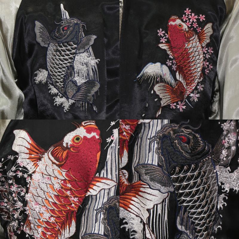 豪奢な 雷神 風神 大きいサイズ】花旅楽団 鯉 リバーシブル 刺繍 ジャケット・アウター