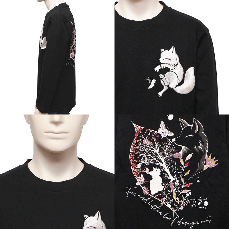 今昔 KON-JAKU 今昔狐と子猫のリーフアート 和柄 長袖Tシャツ KJ