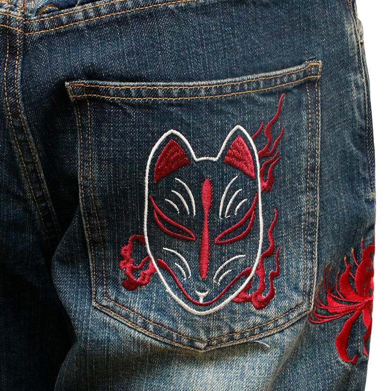 古都古都 ことこと 九尾の狐 柄 刺繍 和柄 デニムパンツ KTBL-003 和柄