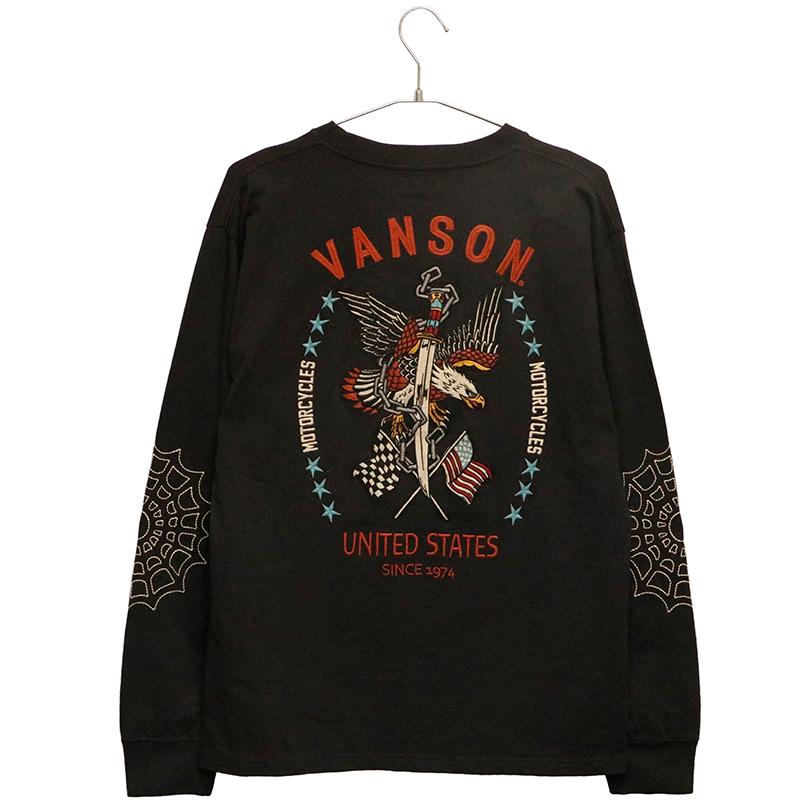 VANSON（バンソン） イーグル×剣 柄 刺繍 天竺 長袖 Tシャツ NVLT-2513