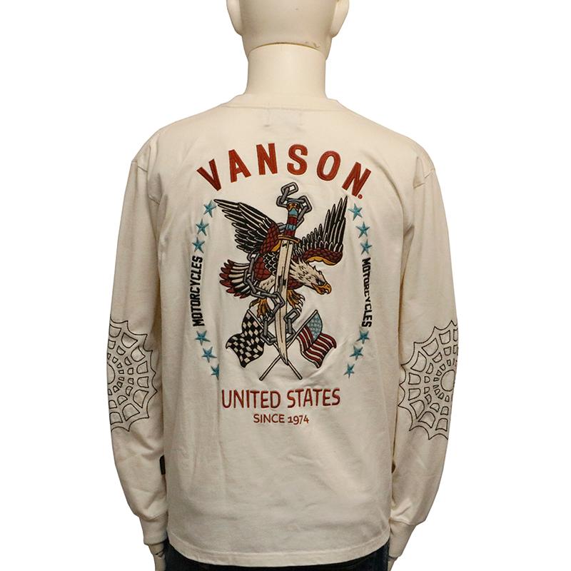 VANSON（バンソン） イーグル×剣 柄 刺繍 天竺 長袖 Tシャツ NVLT-2513