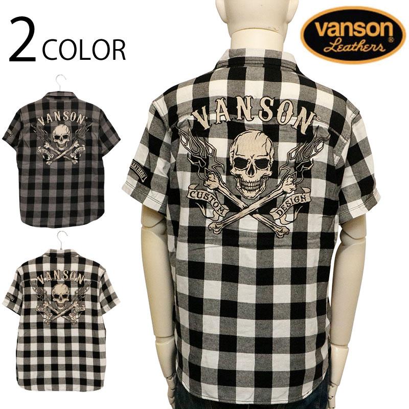 ＊VANSON レオパード 切替 刺繍 ワッペン 開襟 半袖シャツ XL VANSON（バンソン） クロスボーンスカル 刺繍 半袖 チャックシャツ