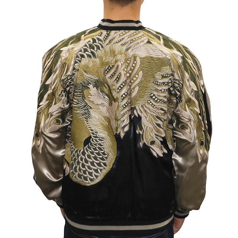 花旅楽団】 リバーシブル サテンスカジャン レーヨン 鶴 和柄刺繍 XXL