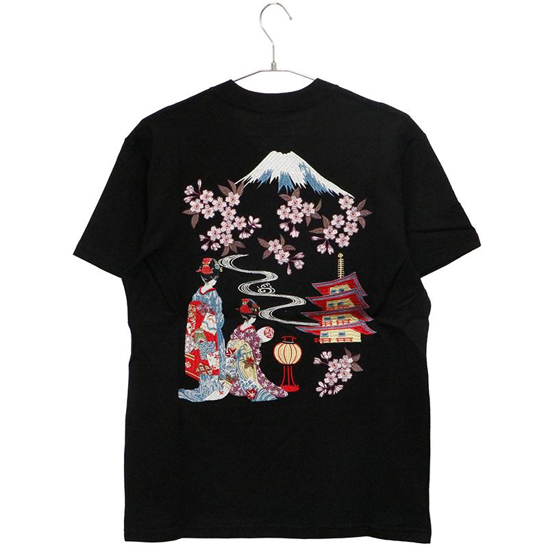 良品ヒューストン 刺繍スカシャツ(XL)地図 桜 富士山 五重塔 龍