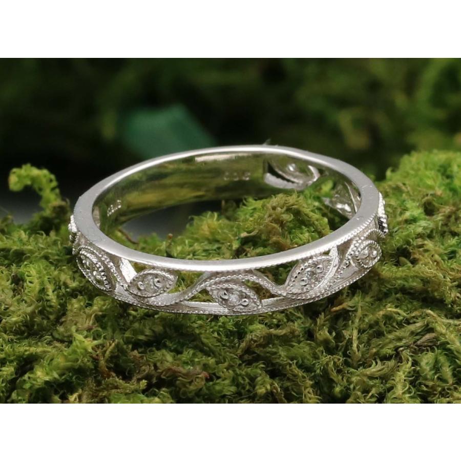 透かし彫り 指輪 リーフ 蔦 唐草 ミル打ち マリッジリング ダイヤ