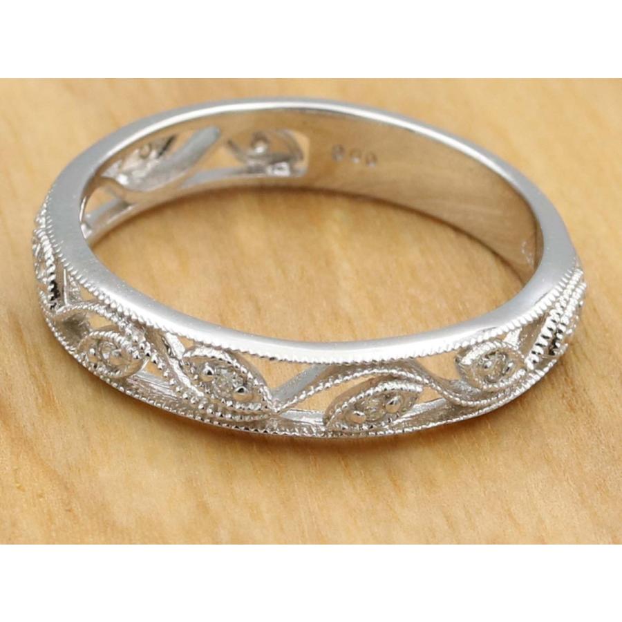 透かし彫り 指輪 リーフ 蔦 唐草 ミル打ち マリッジリング ダイヤ