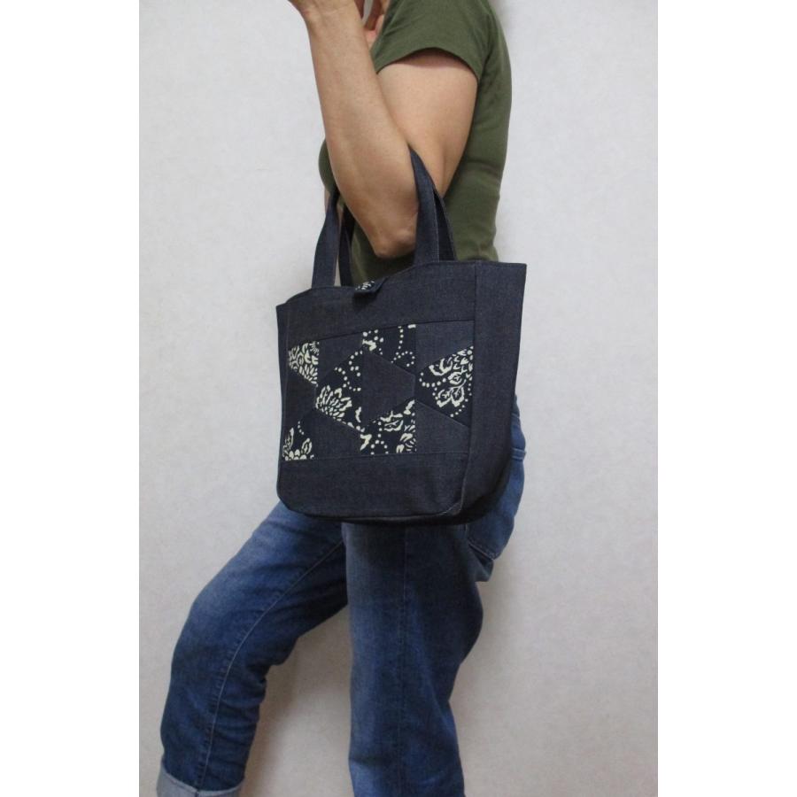 トートバッグデニムレディースランチバッグ和柄（和花）手づくり