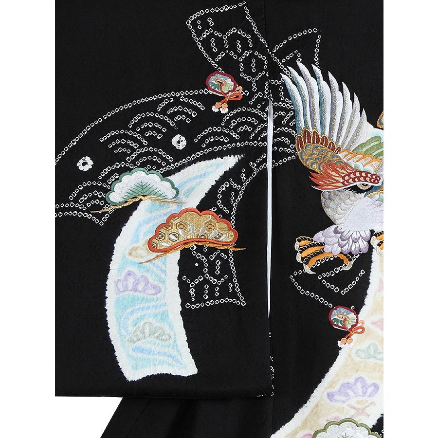 お宮参り レンタル着物 産着 男の子初着 B136 正絹黒地 刺繍鷹