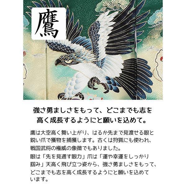 お宮参り レンタル着物 産着 男の子初着 B207 緑地 鷹 松の画像