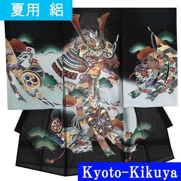 お宮参り レンタル着物 夏用 産着 男の子初着 B301 正絹黒地 龍兜 熨斗【絽】
