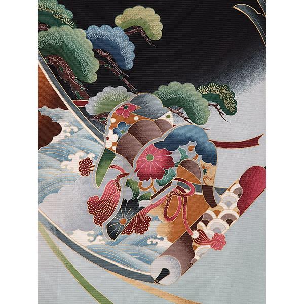 お宮参り レンタル着物 夏用 産着 男の子初着 B306 正絹黒地 鷹 小槌【絽】の画像