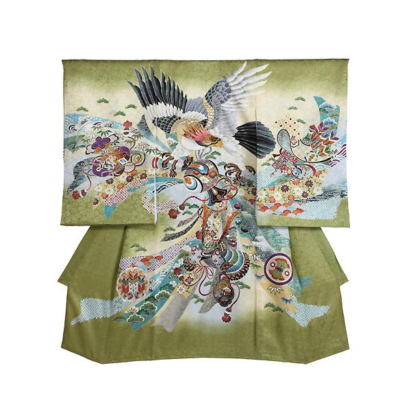 お宮参り レンタル着物 産着 男の子初着 B48 正絹鶯色地 鷹 熨斗 小槌の画像