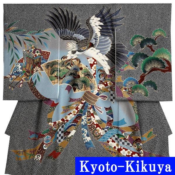 お宮参り レンタル着物 産着 男の子初着 B6 正絹黒地 絞り柄 鷹 熨斗