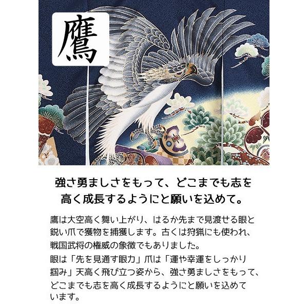 お宮参り レンタル着物 産着 男の子初着 B77 紺地 鷹 松 軍配の画像