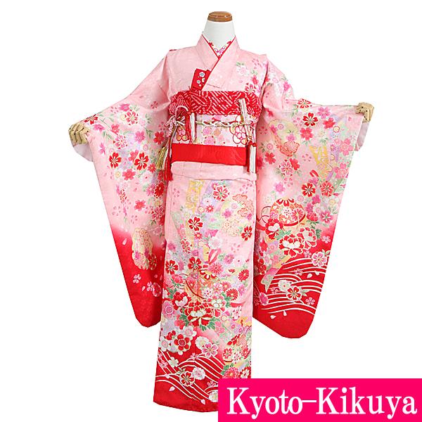 七五三 レンタル 着物 女の子 7歳 753G4-46 ピンク地 裾袖赤ぼかし