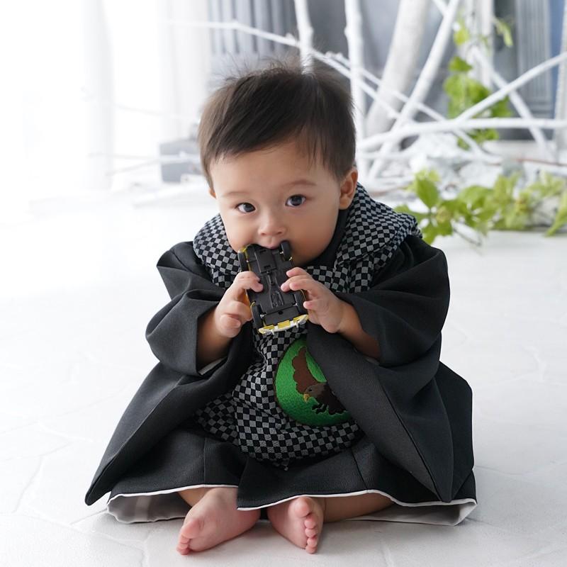 京都瑠璃雛菊 ベビー 着物 市松×鷹 初節句 端午の節句 1歳 被布セット