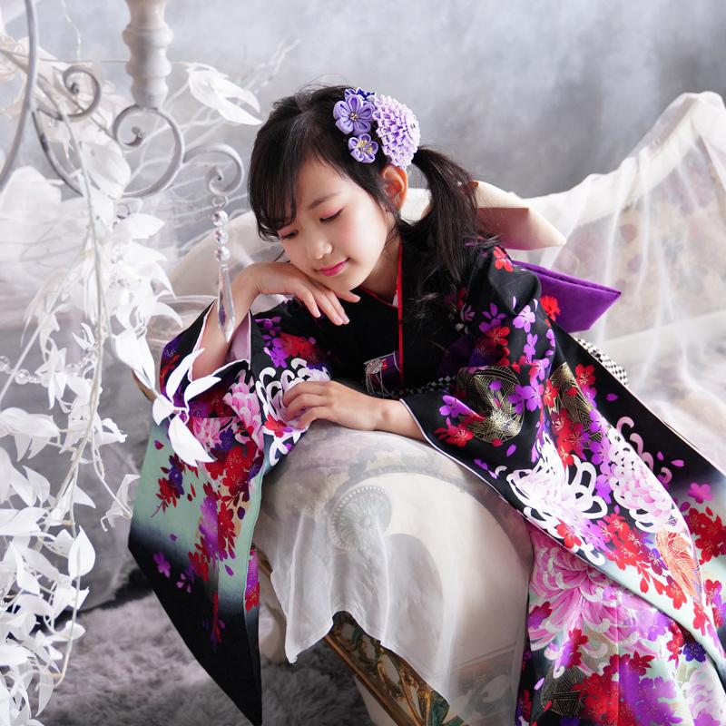 京都瑠璃雛菊 七五三 着物 7歳 フルセット 購入 販売 黒 『凛 京都瑠璃雛菊 七五三 着物 7歳 フルセット 購入 販売 黒 『凛