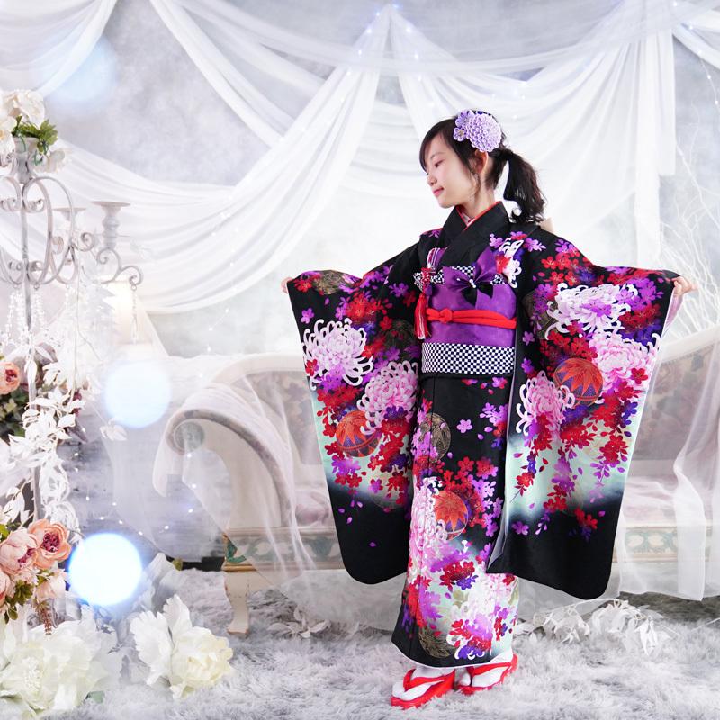 京都瑠璃雛菊 七五三 着物 7歳 フルセット 購入 販売 黒 『凛 京都瑠璃雛菊 七五三 着物 7歳 フルセット 購入 販売 黒 『凛