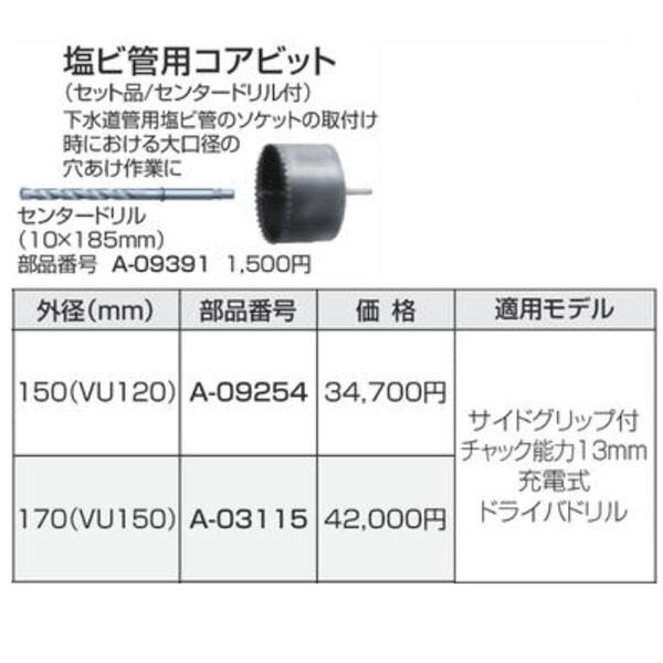 マキタ 塩ビ管用コアビット 170mm セット品／センタードリル付 A-03115