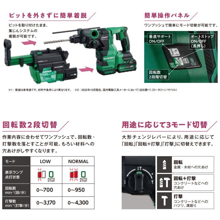 HiKOKI 36V コードレスロータリハンマドリル DH3628DA(2WPZ) SDSプラス MVバッテリ4.0Ahx2個・充電器・ケース付｜kyotoyamamura｜06