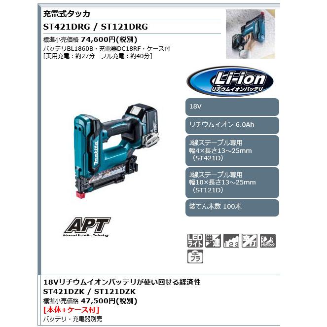 マキタ makita ST421DRG 充電式タッカ 18V ステープル幅J線:4mm×13mm~25mm【市川行徳店】管理番号：IT6GP17NFSOK【店頭取引限定】【未使用】 マキタ（makita） 18V 充電式タッカ ST421DRG J線ステープル専用/4mm