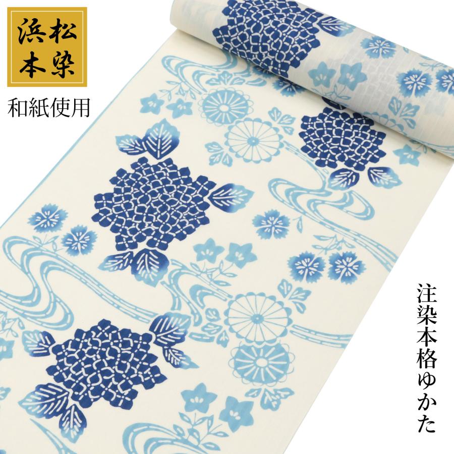 浴衣 反物 生地 耳付き 耳あり 青 紺 水色 花 菊 流水 和紙ゆかた 日本