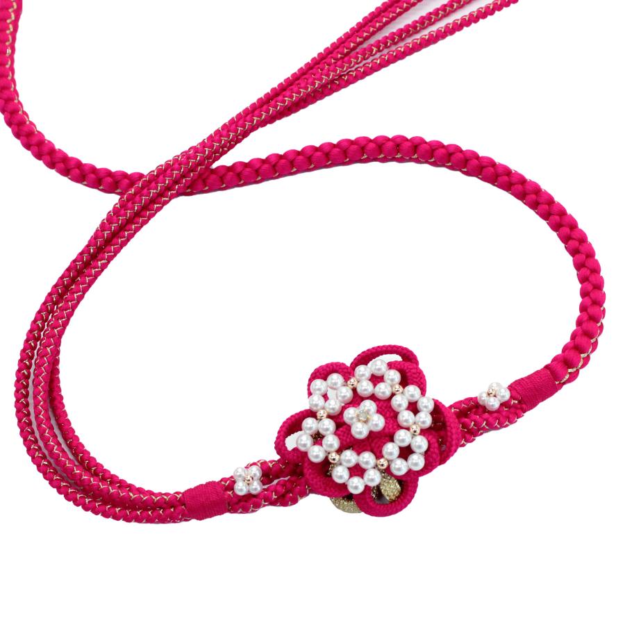 帯締め 成人式 振袖用 ピンク ショッキングピンク 花飾り パール 正絹