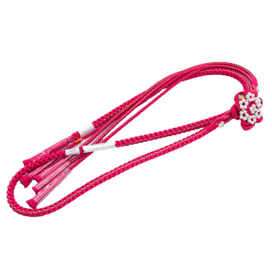 帯締め 成人式 振袖用 ピンク ショッキングピンク 花飾り パール 正絹