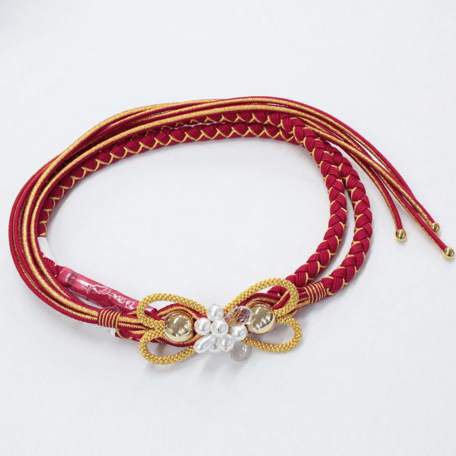 帯締め 振袖用 成人式 赤 レッド 金 日本製 パール 正絹 絹100％ 組み