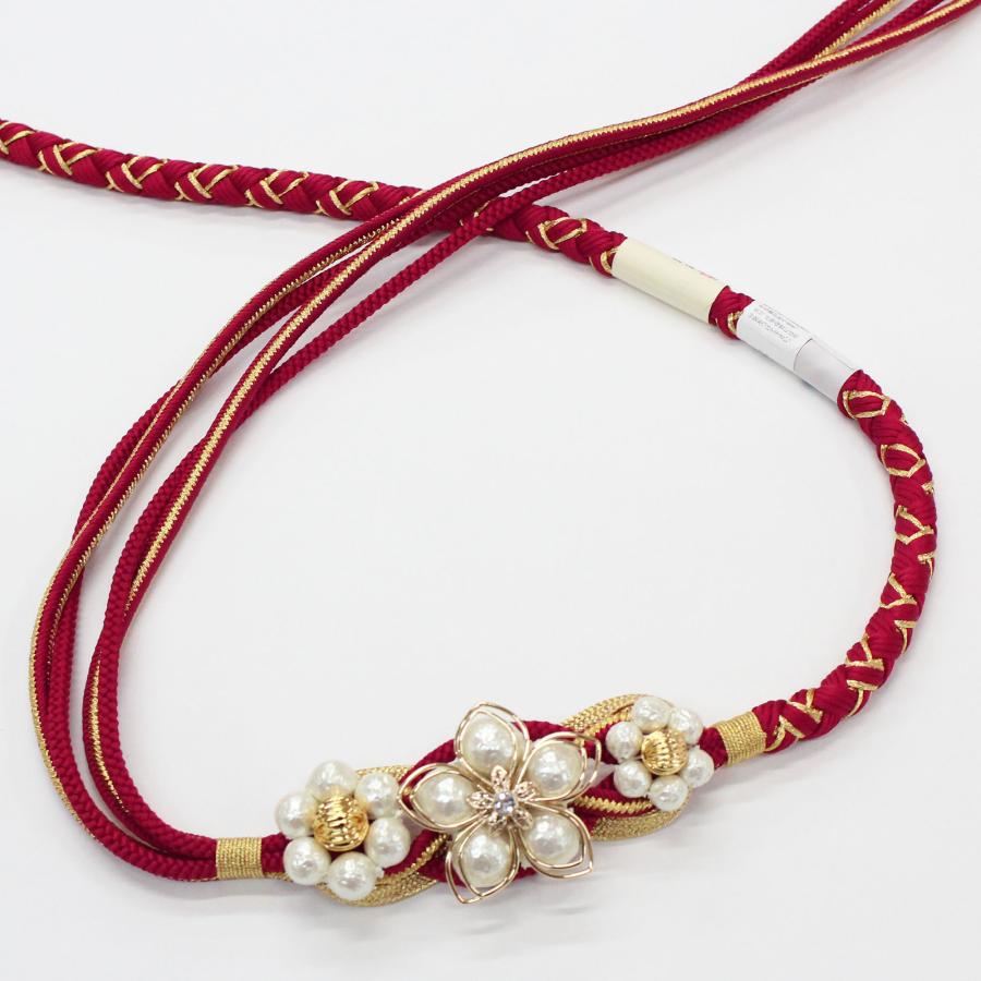 帯締め 成人式 振袖用 赤 レッド 金 ゴールド パール飾り 花飾り 翠嵐