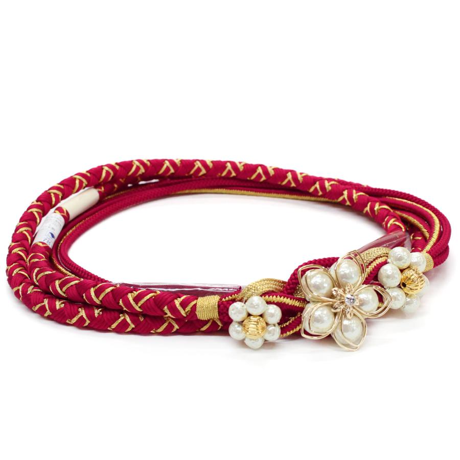 帯締め 成人式 振袖用 赤 レッド 金 ゴールド パール飾り 花飾り 翠嵐