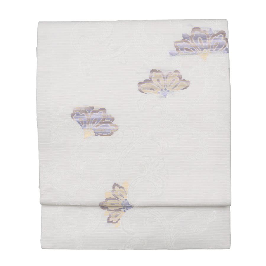 名古屋帯 夏帯 正絹 仕立て上がり 白 ホワイト 唐草 九寸名古屋帯