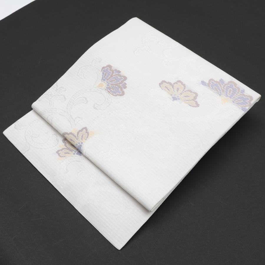 名古屋帯 夏帯 正絹 仕立て上がり 白 ホワイト 唐草 九寸名古屋帯