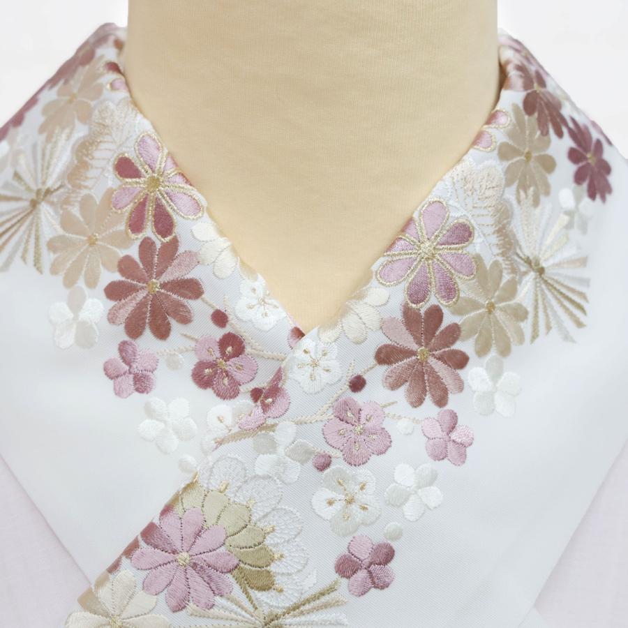 半衿 刺繍 刺繍半襟 白地 くすみピンク 薄カーキ ベージュ 松竹梅 振袖