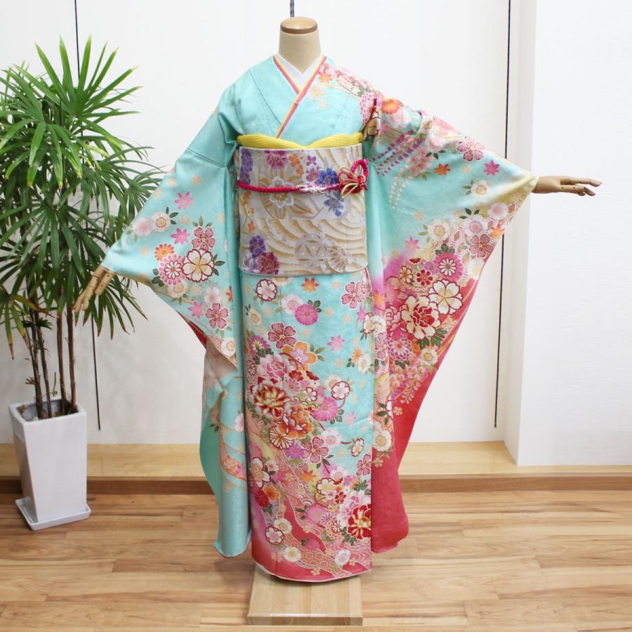 振袖　水色系　牡丹　菊　扇　正絹 振袖水色系牡丹菊扇正絹