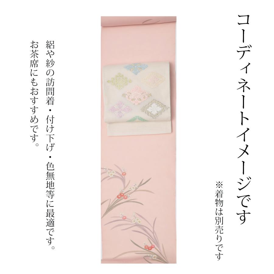 袋帯 夏用 洒落袋帯 絽 花菱文様 白色ｘ薄ピンク色 パステル系 六通柄 正絹 仕立て上がり 夏物 長さ436cm 【キモノオフ野々市若松店】 少々訳あり 正絹 唐織 袋帯 絽 夏 単衣 白 ホワイト 生成り 花菱 帯