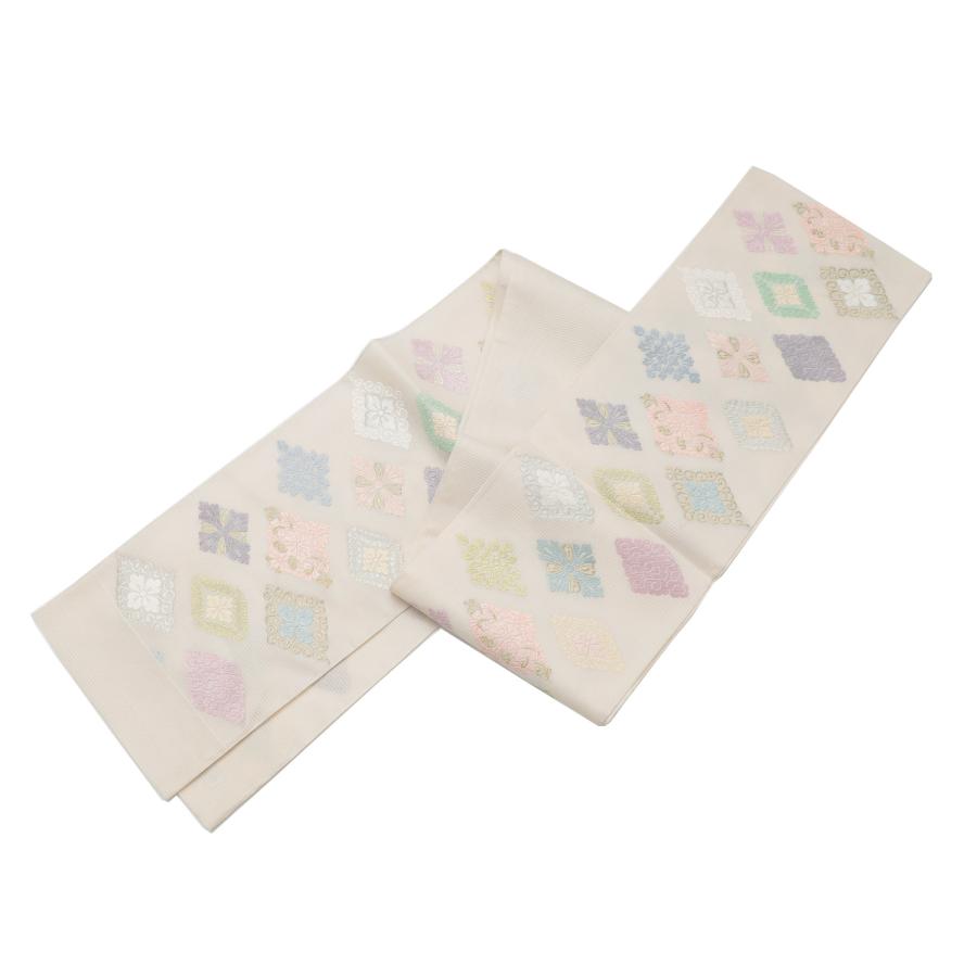 未使用 吉祥七宝文 唐織 袋帯 正絹 白 クリーム 紫 水色 695 少々訳