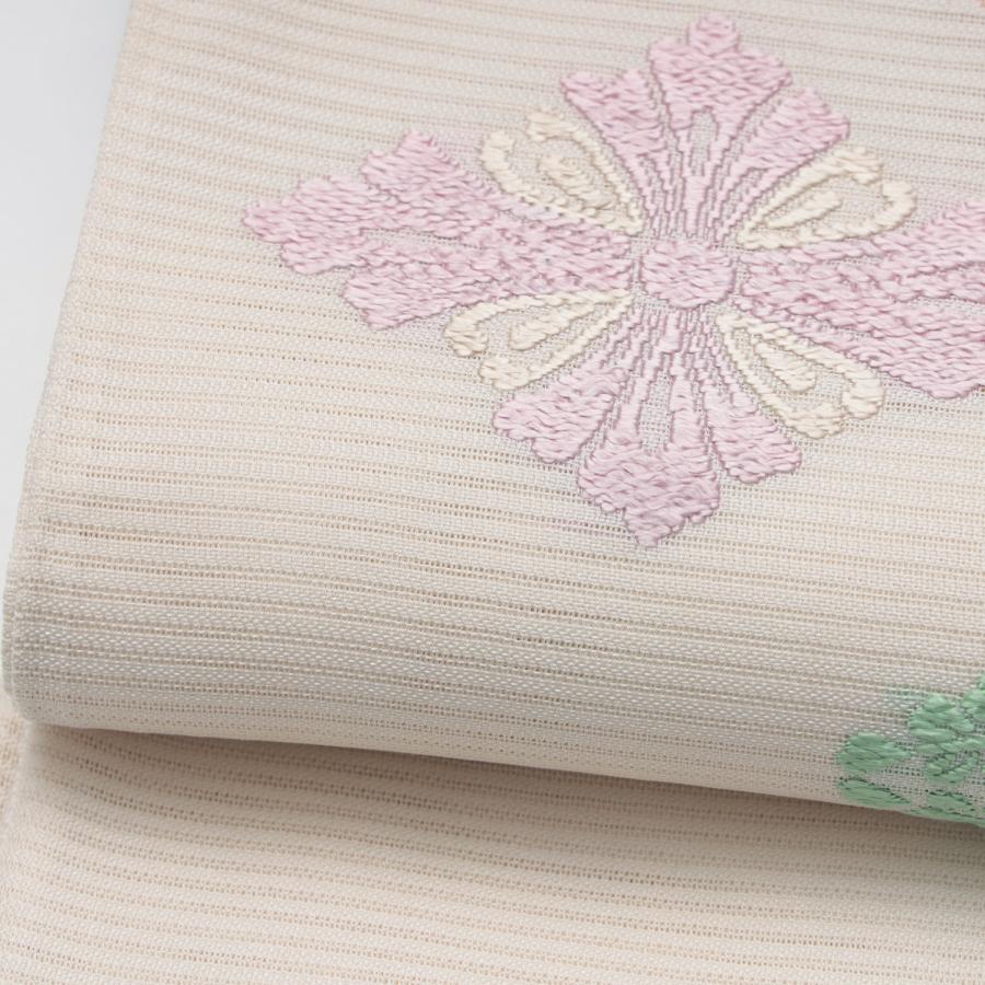 袋帯 夏用 洒落袋帯 絽 花菱文様 白色ｘ薄ピンク色 パステル系 六通柄 正絹 仕立て上がり 夏物 長さ436cm 【キモノオフ野々市若松店】 少々訳あり 正絹 唐織 袋帯 絽 夏 単衣 白 ホワイト 生成り 花菱 帯