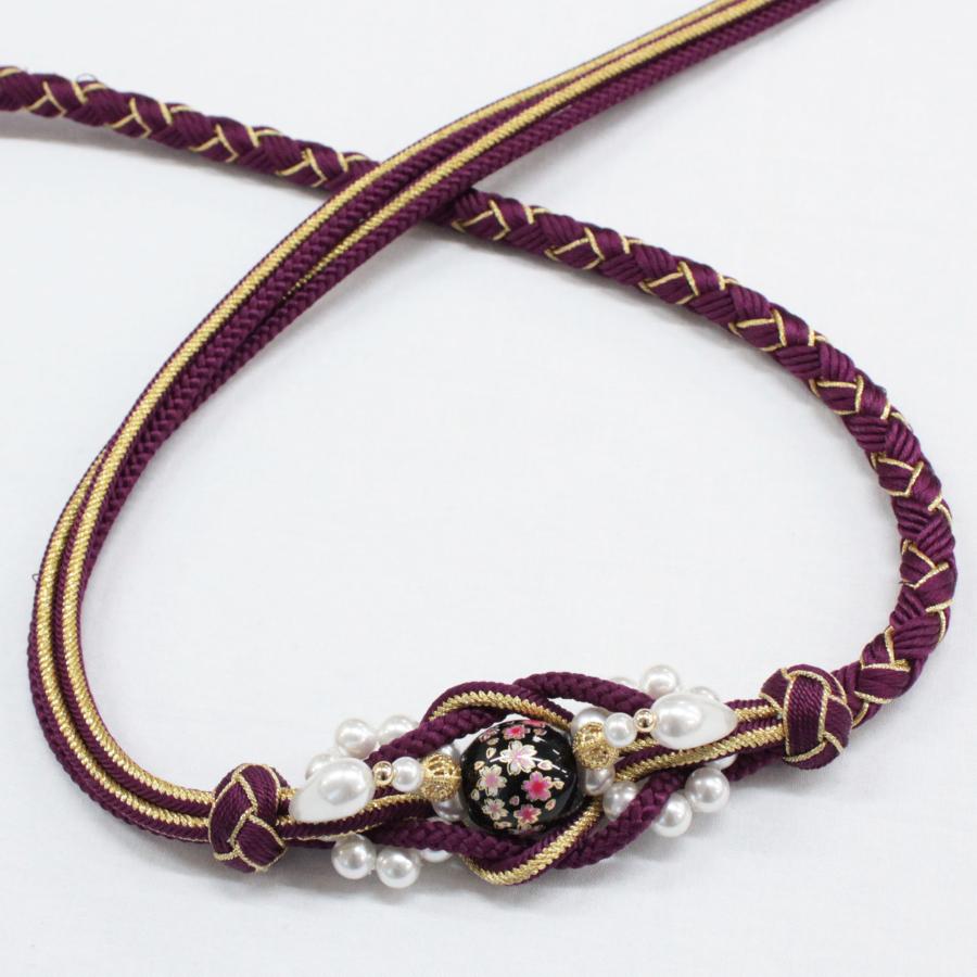 帯締め 振袖用 成人式 紫 赤紫 パープル 金 ゴールド 組みひも 転写玉