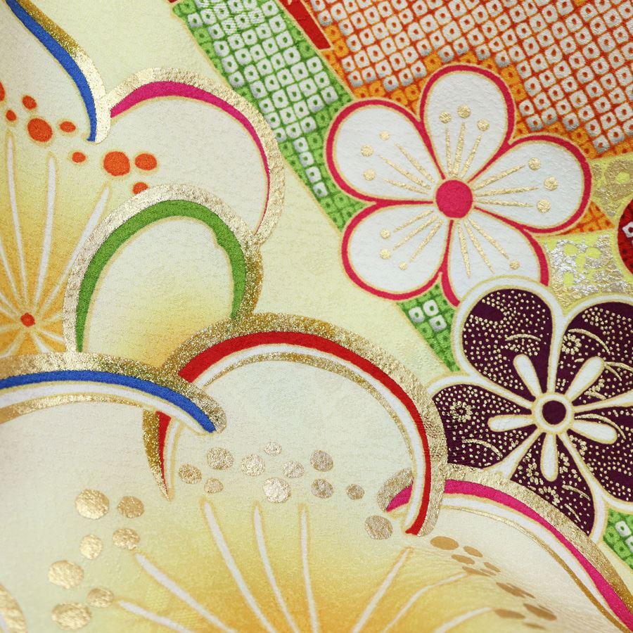 小紋 フルセット 着物 正絹 淡い黄緑 帯刺繍花 可愛い F前 京友禅