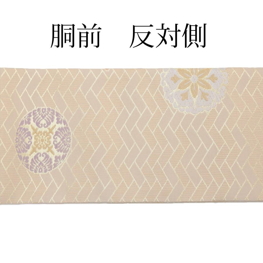 Ｓお仕立て上がり正絹袋帯　薄クリーム地に花、敷紙、鶴模様 お仕立て上がり・中古品】特選正絹袋帯 「華に孔雀」 ☆冴え渡るセンス