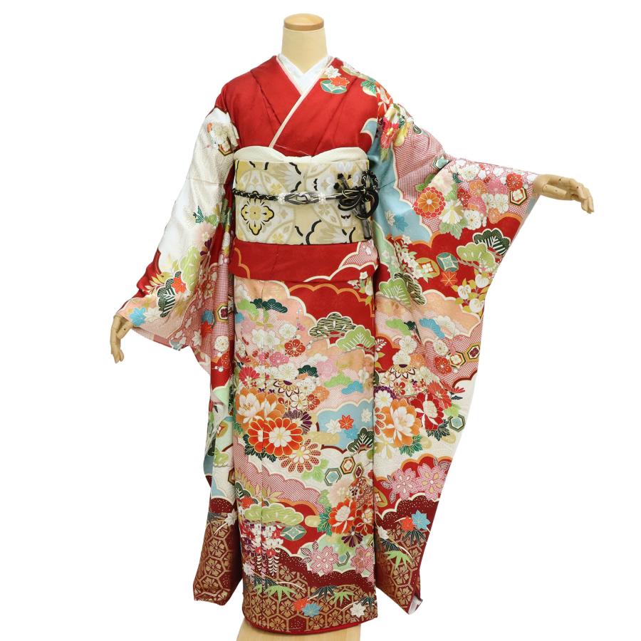 新品 振袖 仕立て付き フルセット 正絹 仮絵羽 赤 古典 成人式 結婚式 卒業式 舞台衣装 和装 吉祥 松竹梅 牡丹 菊 亀甲 花柄の画像