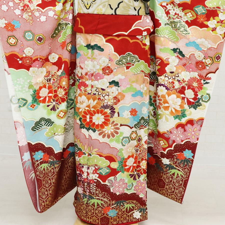 新品 振袖 仕立て付き フルセット 正絹 仮絵羽 赤 古典 成人式 結婚式 卒業式 舞台衣装 和装 吉祥 松竹梅 牡丹 菊 亀甲 花柄の画像