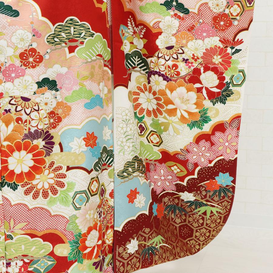 新品 振袖 仕立て付き フルセット 正絹 仮絵羽 赤 古典 成人式 結婚式 卒業式 舞台衣装 和装 吉祥 松竹梅 牡丹 菊 亀甲 花柄の画像