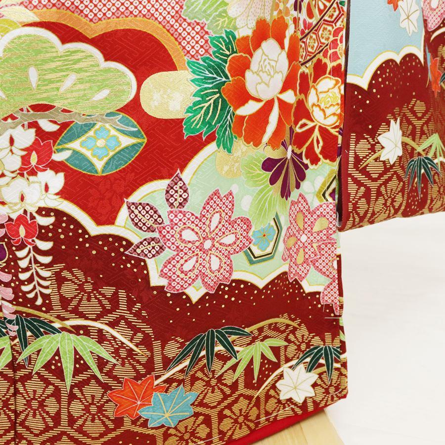 新品 振袖 仕立て付き フルセット 正絹 仮絵羽 赤 古典 成人式 結婚式 卒業式 舞台衣装 和装 吉祥 松竹梅 牡丹 菊 亀甲 花柄の画像
